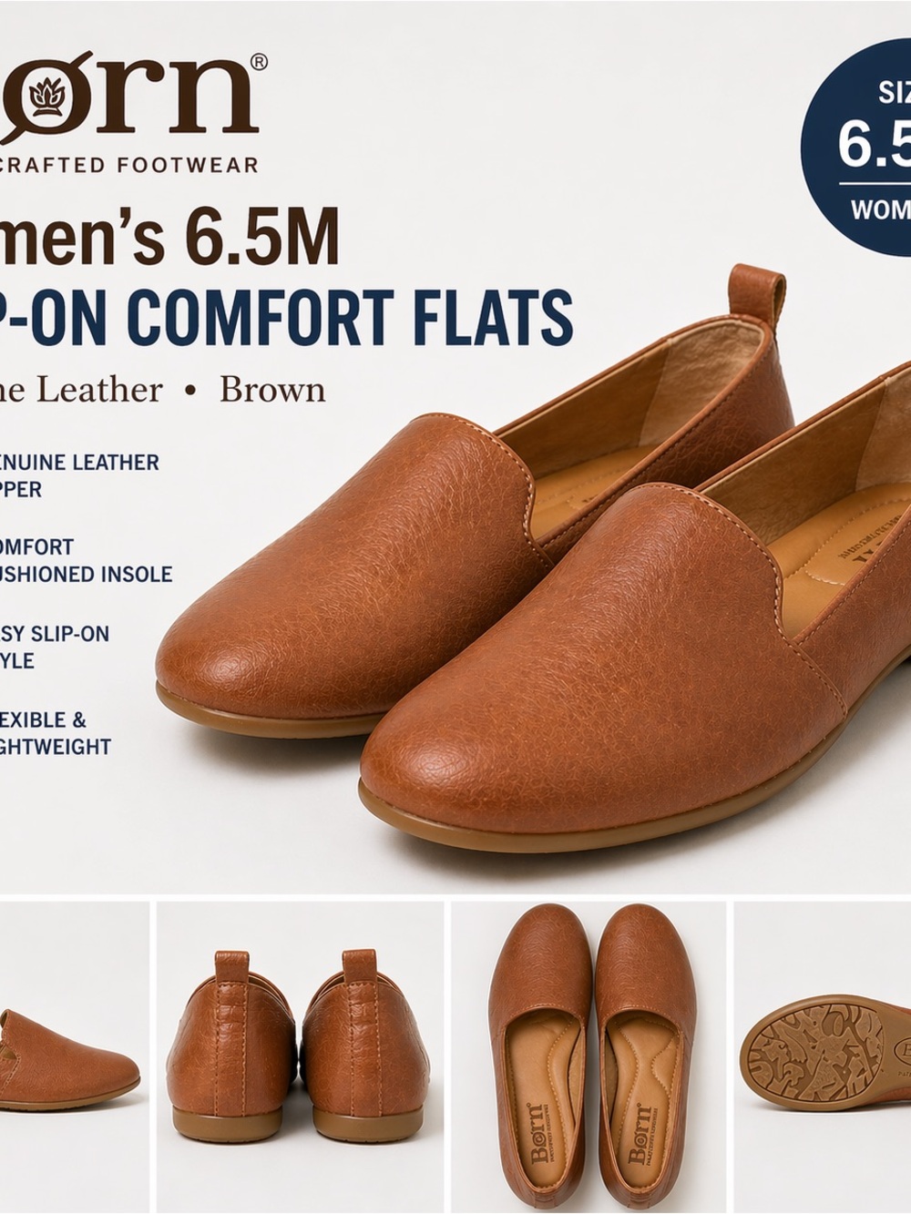BORN Women’s Slip-On Leather Loafers in Cognac Brown size 6.5M shoe classic